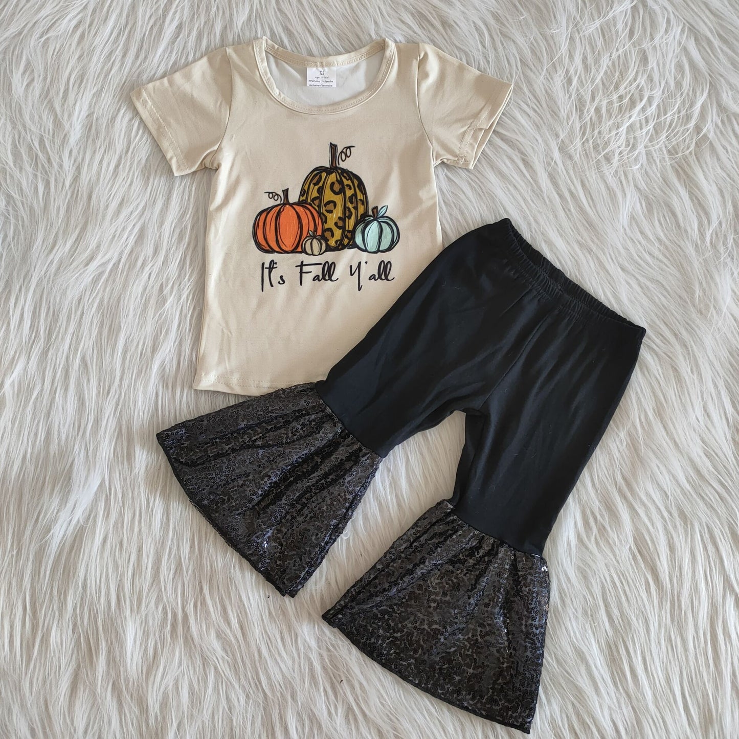 A0-11 Halloween Pumpkin Leopard It's Fall Y'all Black Sequin Girls Short Sleeve Bell-bottom Pants Outfits