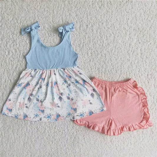 C0-12 Blue Pink Floral Print Girls Sleeveless Shorts Outfits