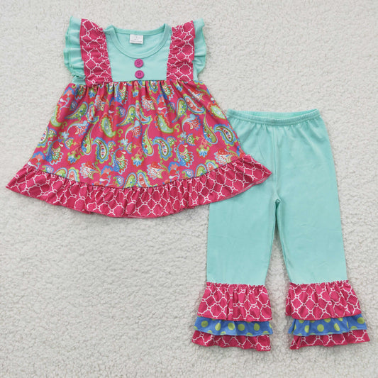 C3-21 Pink Green Blue Floral Girls Short Sleeve Bell Bottom Pants Outfits