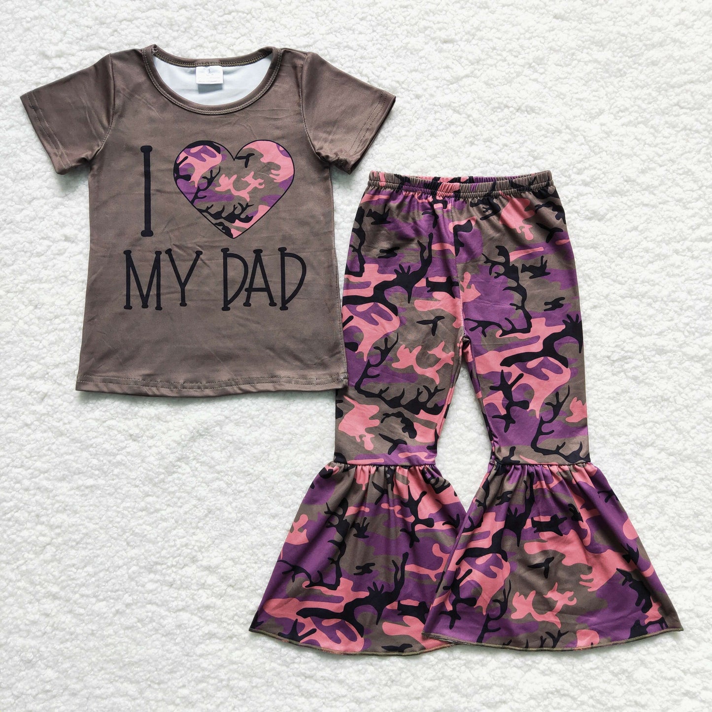 GSPO0230 Valentine I Love My Dad Green Camo Girls Short Sleeve Bell Bottom Pants Outfits