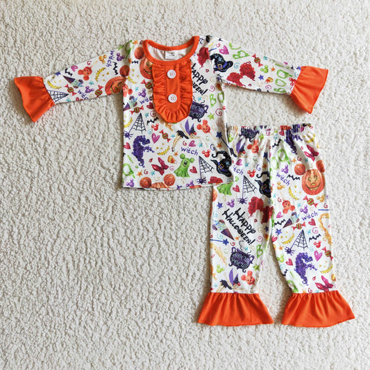 GLP0127 Halloween Pumpkin Orange Ghost Witch M Cartoon Girls Long Sleeve Pajamas