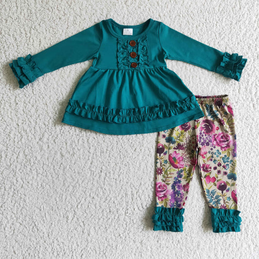 Clearance 6 B12-20 Green Blue Floral Print Tunic Girls Long Sleeve Pants Outfits