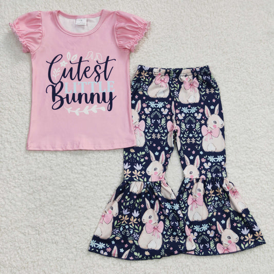 GSPO0461 Easter Cutest Little Bunny Rabbit Blue Pink Girls Short Sleeve Bell Bottom Pants Outfits