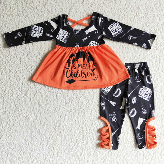 GLP0158 Halloween Witch Cartoon Orange Black Cat Tunic Girls Long Sleeve Pants Outfits