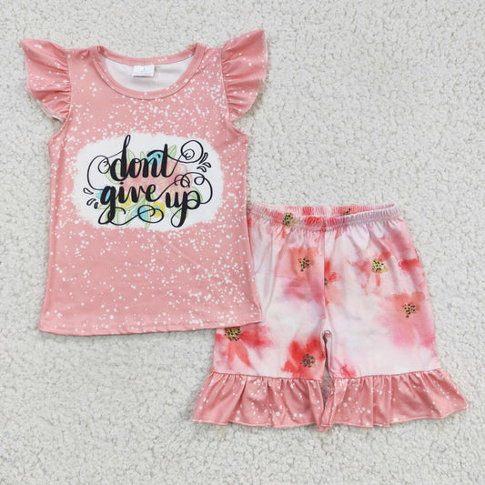 Clearance C0-3 Don't Give Up Pink Bleach Floral Girls Short Sleeve Shorts Outfits