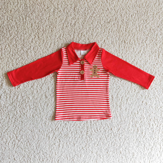 BT0040 Christmas Gingerbread Red Stripes Boys Long Sleeve Top Collar Polo Pullover T-Shirts