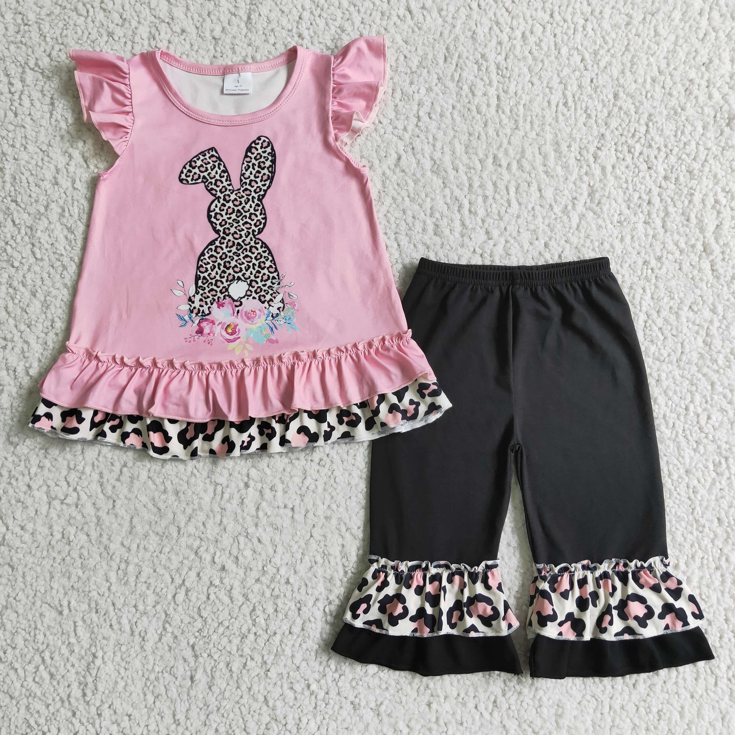 Clearance E6-17 Easter Pink Rabbits Leopard Girls Short Sleeve Bell Bottom Pants Outfits