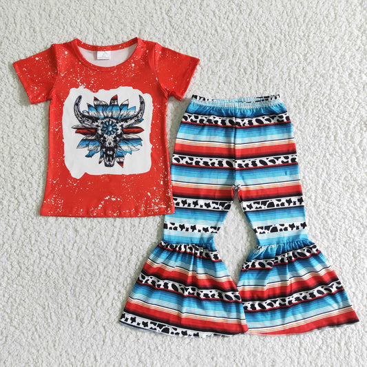 GSPO0052 Red Highland Cows Skull Blue Striped Sunflower Girls Short Sleeve Pants Outfits