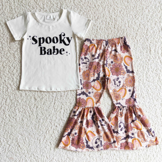 GSPO0194 Halloween Spooky Babe Ghost Rainbow Orange Floral Girls Short Sleeve Bell Bottom Pants Outfits