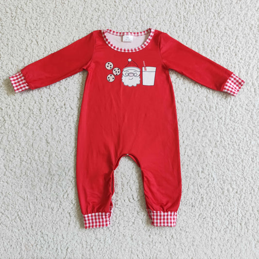 Clearance 6 B11-27 Christmas Cookie Milk Santa Red Boys Long SLeeve Romper