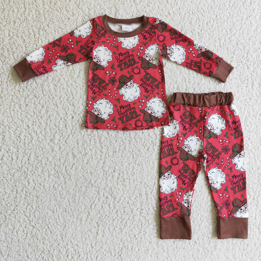 BLP0120 Christmas Red Santa Cowboy Western Boys Long Sleeve Pants Outfits Pajamas