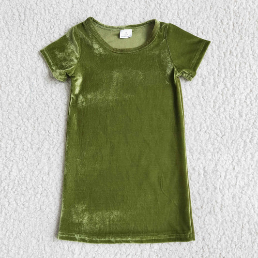 D2-5 Green Velvet Girls Short Sleeve Dresses