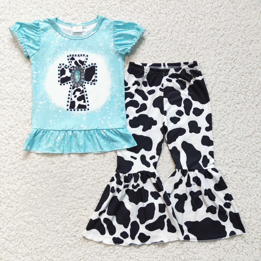 GSPO0246  Easter Blue Bleach Cross Cow Print Girls Short Sleeve Bell Bottom Pants Outfits