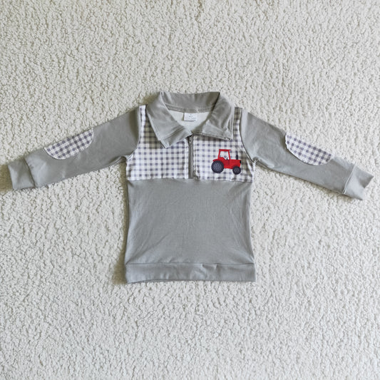 BT0035  Grey Plaid Truck Boys Long Sleeve Top Collar Polo Pullover T-Shirts