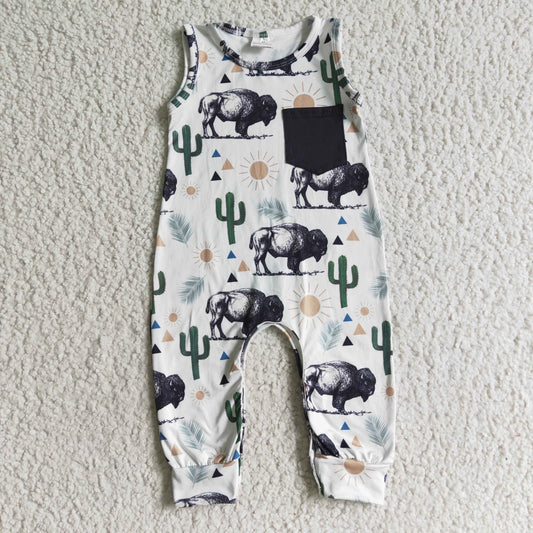 SR0071 Green Sun Highland Cow  Cactus Western Boys Sleeveless Romper