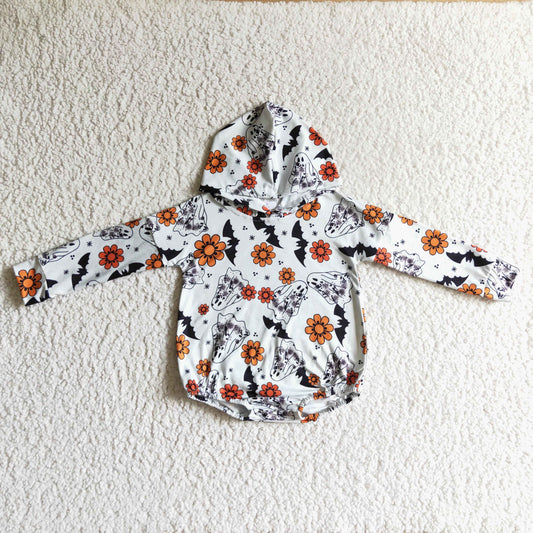 LR0160 Halloween Orange Bat Ghost Cartoon Hoodies Girls Long Sleeve Romper