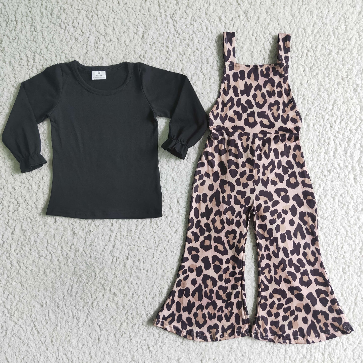 6 C6-24 Black Leopard Overalls Girls Long Sleeve Bell Bottom Pants Outfits