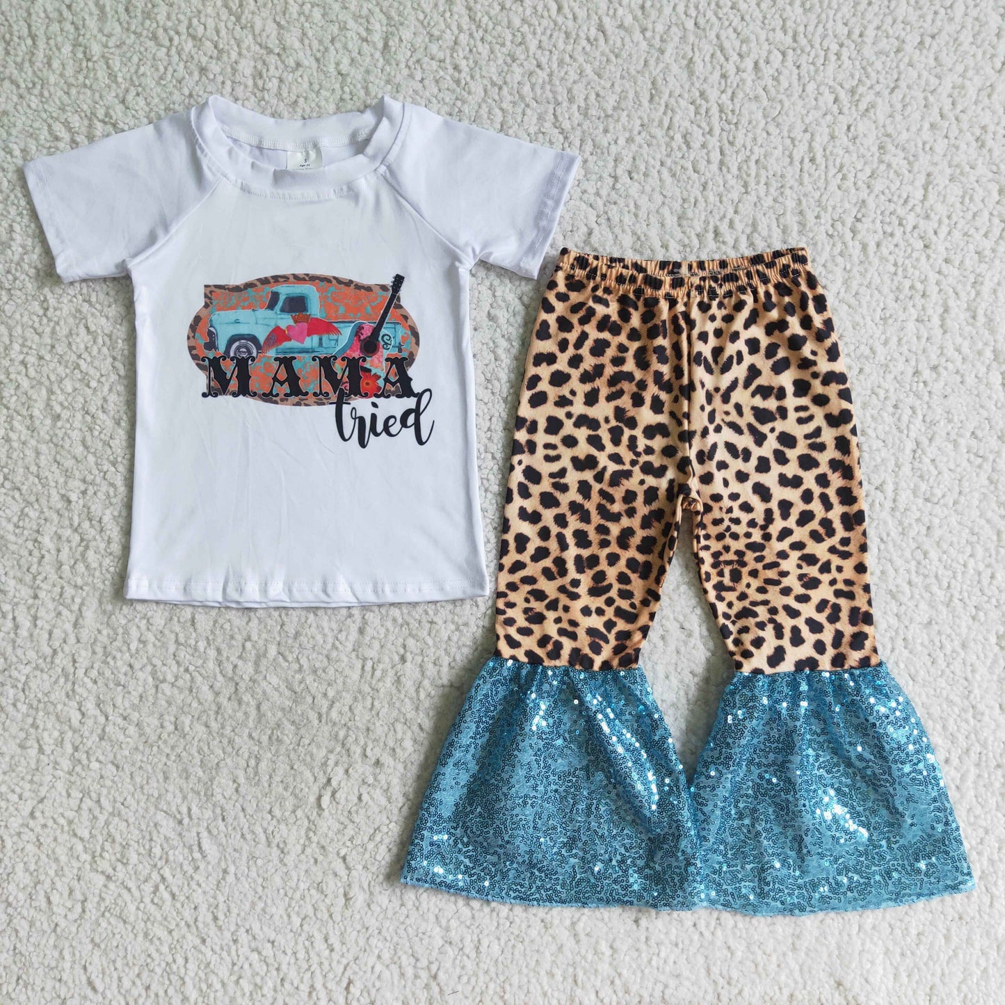 Clearance A6-11 Mama Tired Leopard Print Blue Sequin Girls Short Sleeve Bell Bottom Pants Outfits