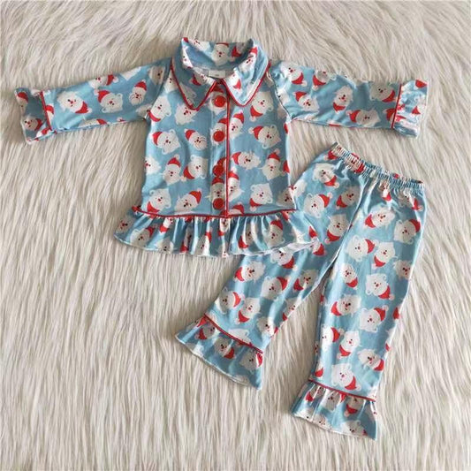 Girls Blue Hot Sale Santa Christmas Button Pajamas