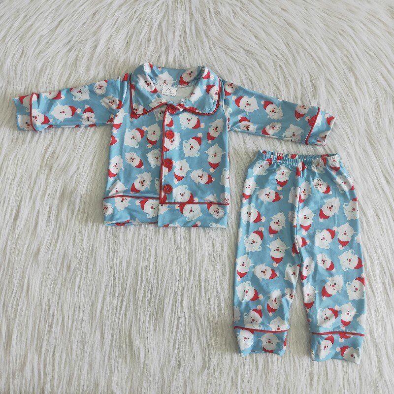 Girls Blue Hot Sale Santa Christmas Button Pajamas