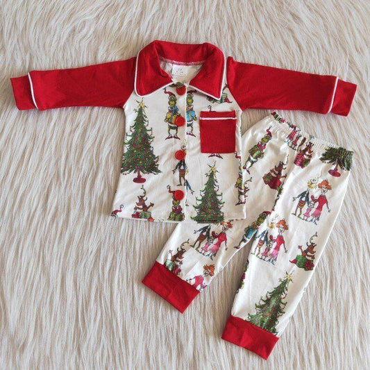 6 A11-29 Christmas Red Collar Girls Long Sleeve Pajamas