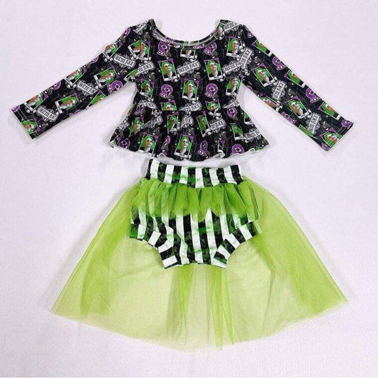 Clearance 6 A8-27 Halloween Green Black Stripes Tulle Tutu Skirt Dresses Girls Long Sleeve Bummies Outfits