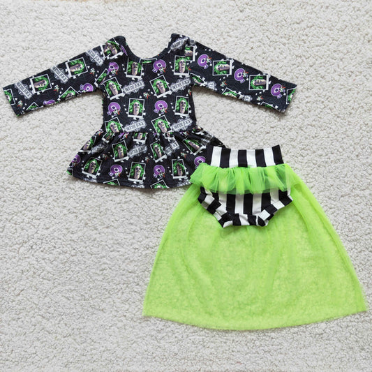 Clearance 6 A8-27 Halloween Green Black Stripes Tulle Tutu Skirt Dresses Girls Long Sleeve Bummies Outfits