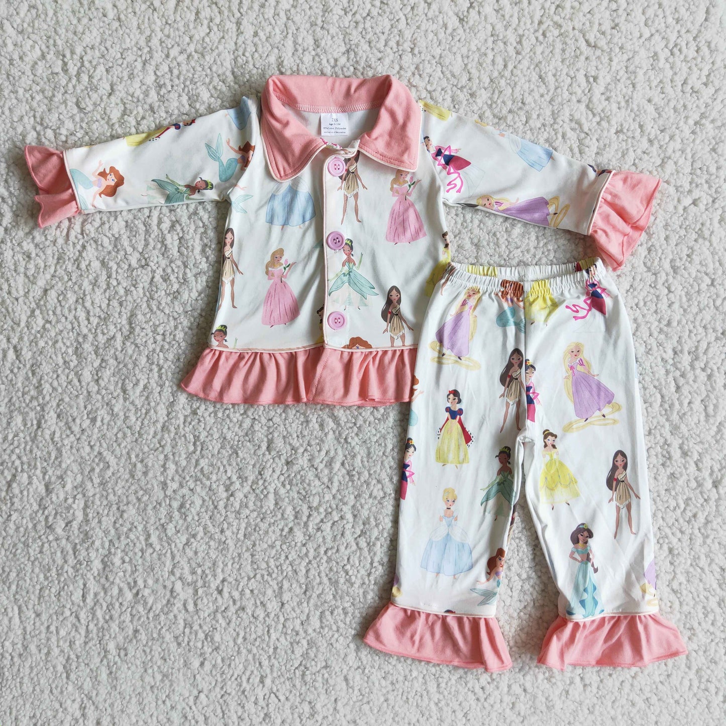 6 B9-23 Pink Princess Collar Girls Long Sleeve Pajamas