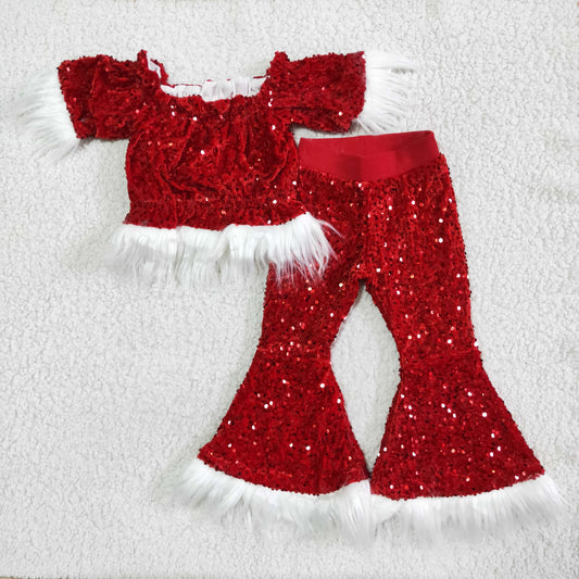 C7-23 Christmas Red Sequin Girls Short Sleeve Bell Bottom Pants Outfits