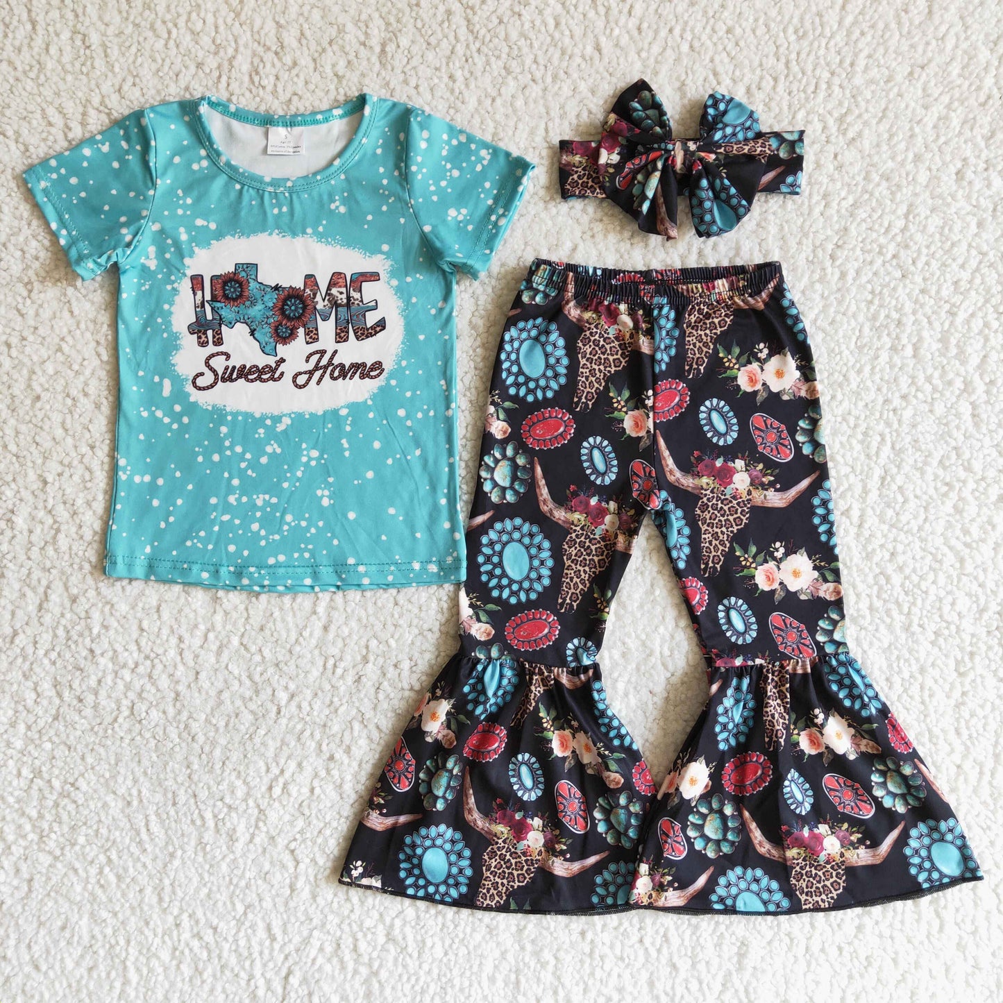 Clearance B17-28 Blue Home Leopard Cow Print With Bow Headband 3pcs Girls Short Sleeeve Bell Bottom Pants Outfits