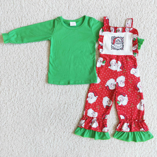 6 C7-4 Santa Christmas Green Red Overalls Girls Long Sleeve Bell Bottom Pants Outfits