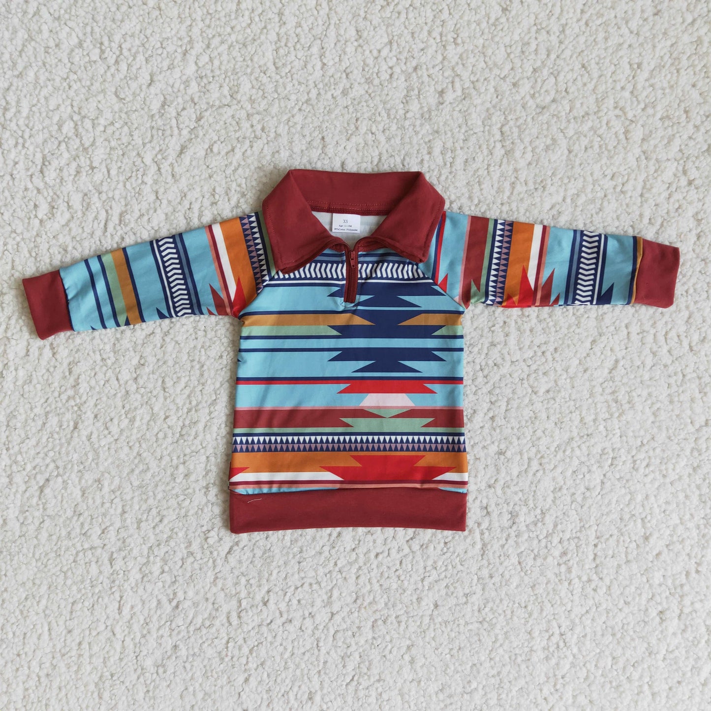 6 A29-15 Aztec Style Red Boys Long Sleeve Top Collar Polo Pullover T-Shirts