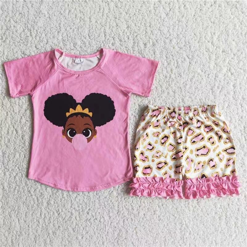 D7-12 Pink Black Girl Leopard Girls Short Sleeve Shorts Outfits