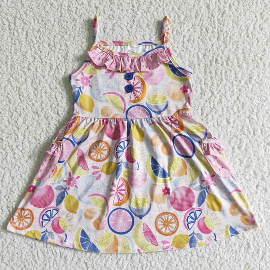 Clearance GSD0026 Pink Lemon Fruits Girls Short Sleeve Dresses