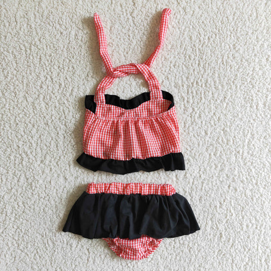 S0008 Red Plaid Black Cartoon Embroidery Girls Swimming Bathing Suits Swimsuits