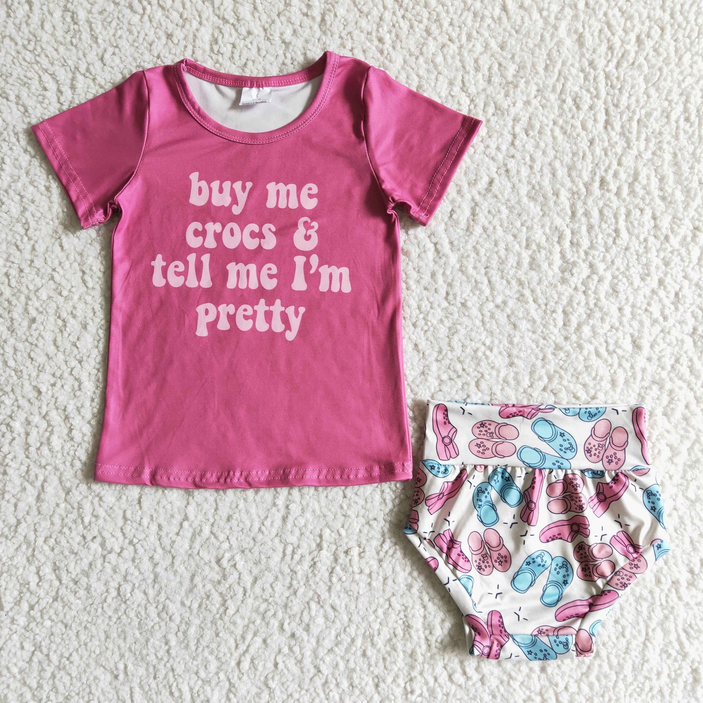 GBO0003 Pink Buy Me Crocs & Tell Me I Am Pretty With Bow 3pcs Girls Short Sleeve Bummies Outfits