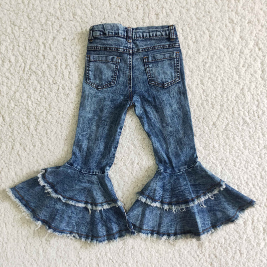 C1-13 Blue Distress Double Ruffles Girls Denim Jeans