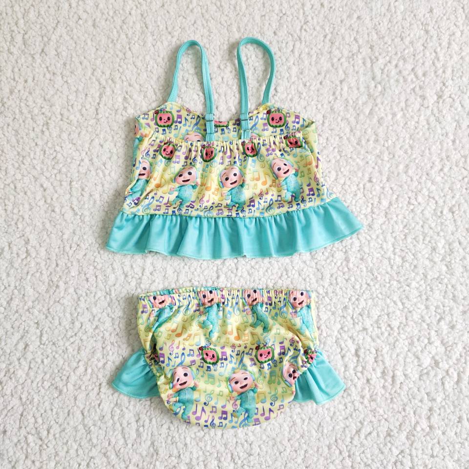 E13-29 Green Yellow Blue Cartoon Music Girls Swimming Bathing Suits Swimsuits