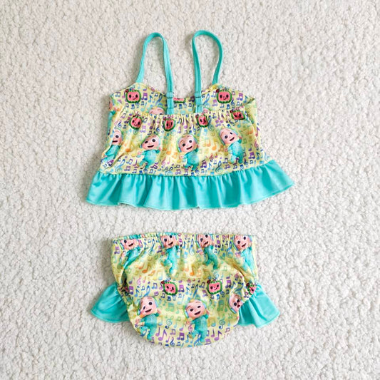 E13-29 Green Yellow Blue Cartoon Music Girls Swimming Bathing Suits Swimsuits