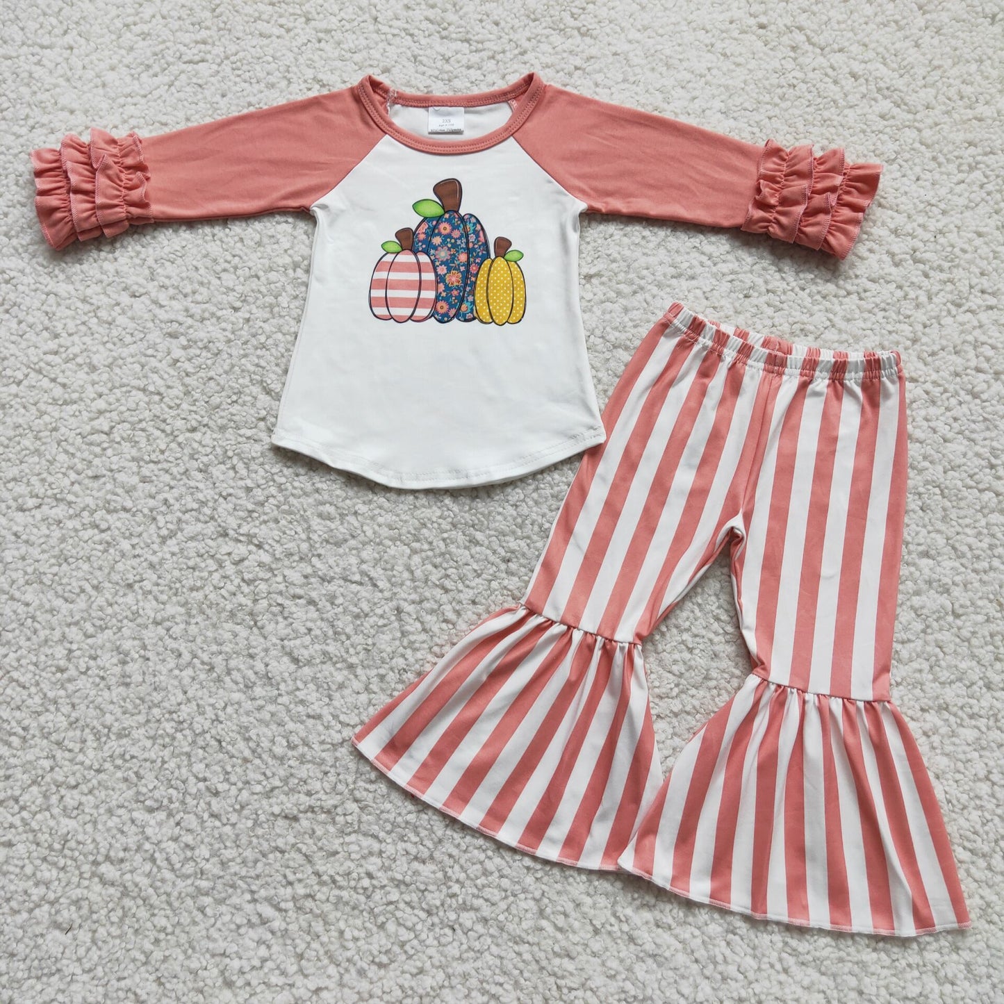 Best Sale Pumpkin Ruffles Long Sleeve Match Striped Print Bell-bottom Pants Kids Set