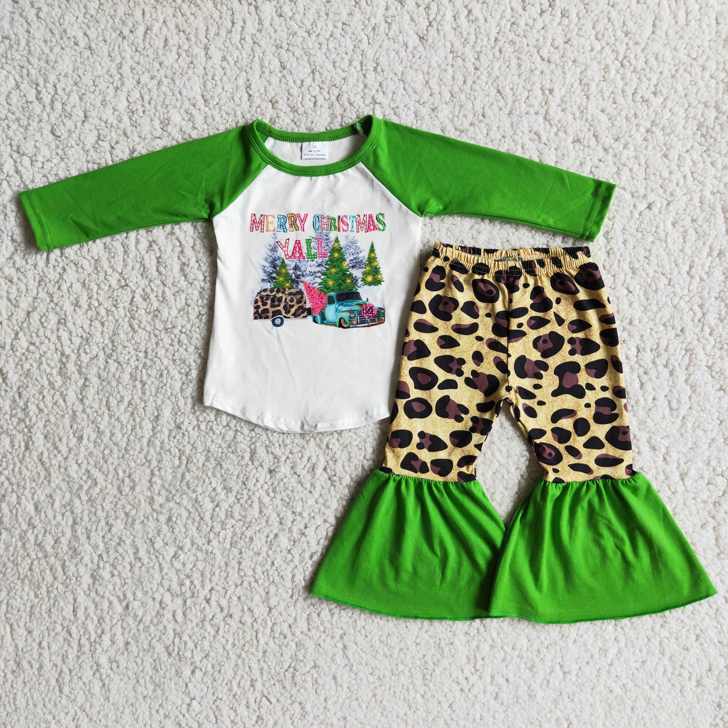 6 A4-5 Christmas Green Tree Leopard Girls Long Sleeve Bell Bottom Pants Outfits