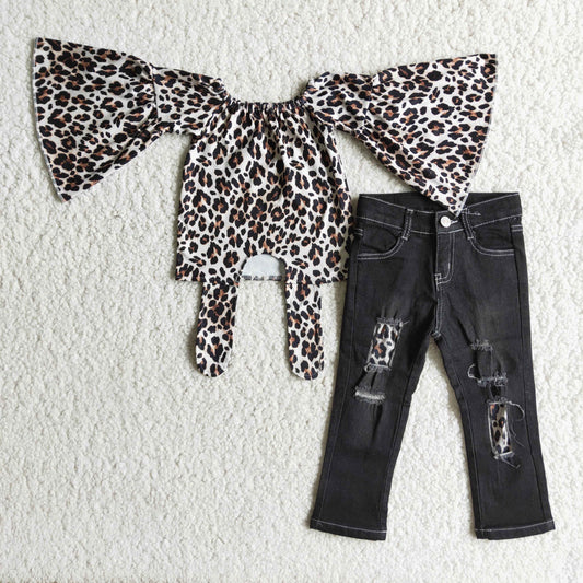 Hot Sale  Leopard Print Big Ruffle Adorable Top Match Jeans Kids Outfits