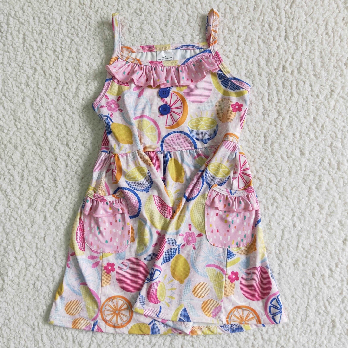 Clearance GSD0026 Pink Lemon Fruits Girls Short Sleeve Dresses