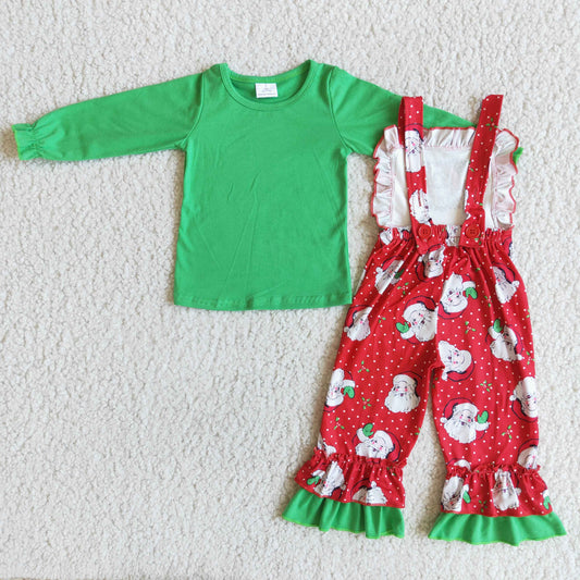 6 C7-4 Santa Christmas Green Red Overalls Girls Long Sleeve Bell Bottom Pants Outfits