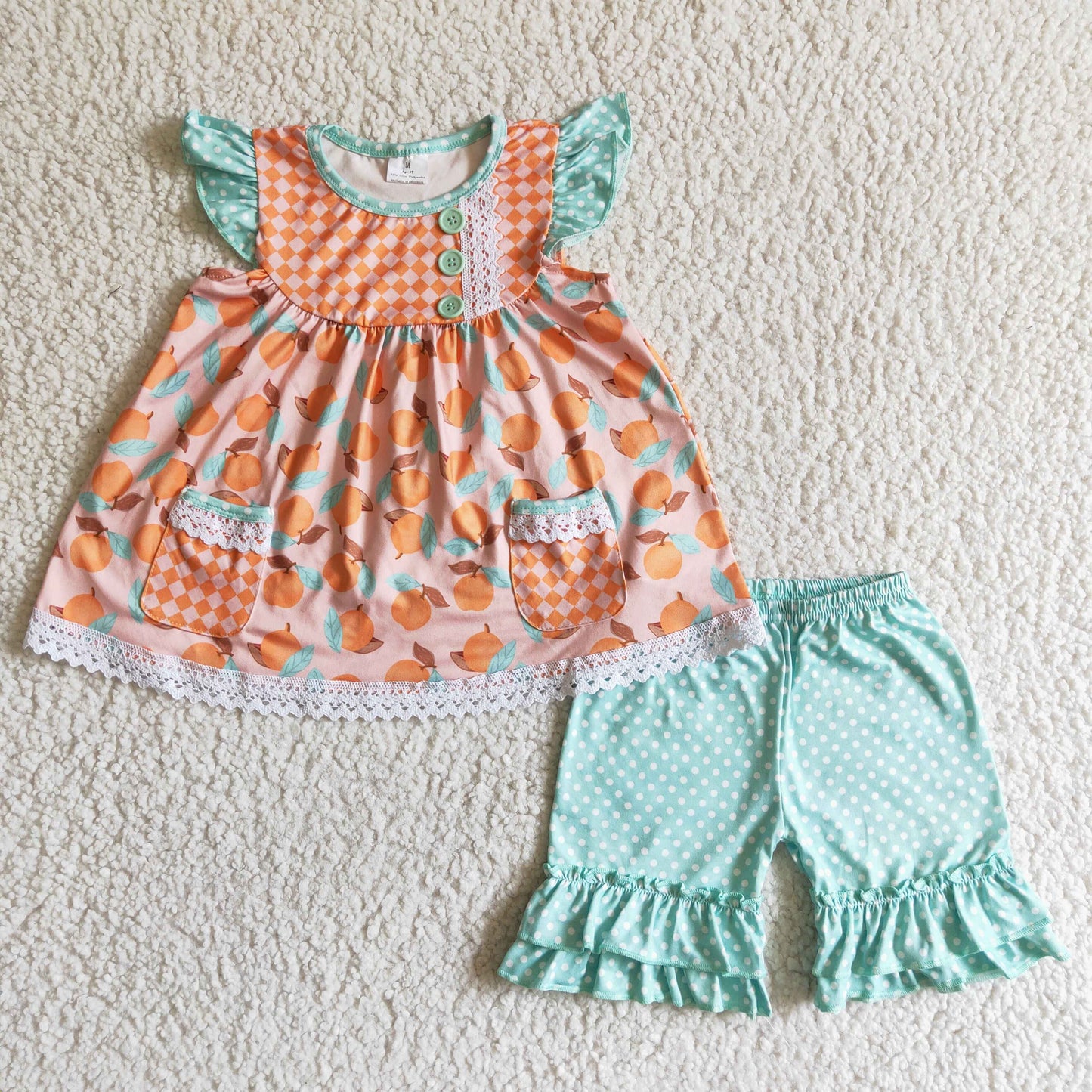 C2-13 Orange Green Dots Fruits Pockets Girls Flutter Sleeve Shorts Outfits