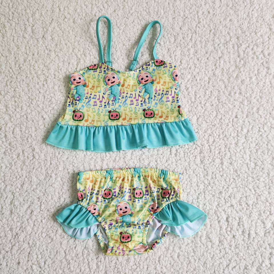 E13-29 Green Yellow Blue Cartoon Music Girls Swimming Bathing Suits Swimsuits