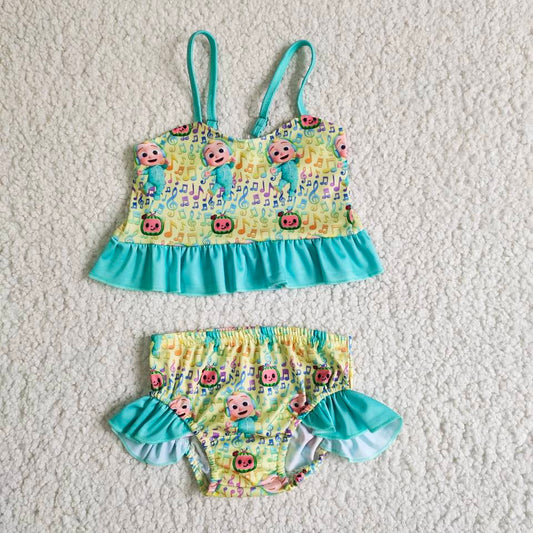 E13-29 Green Yellow Blue Cartoon Music Girls Swimming Bathing Suits Swimsuits