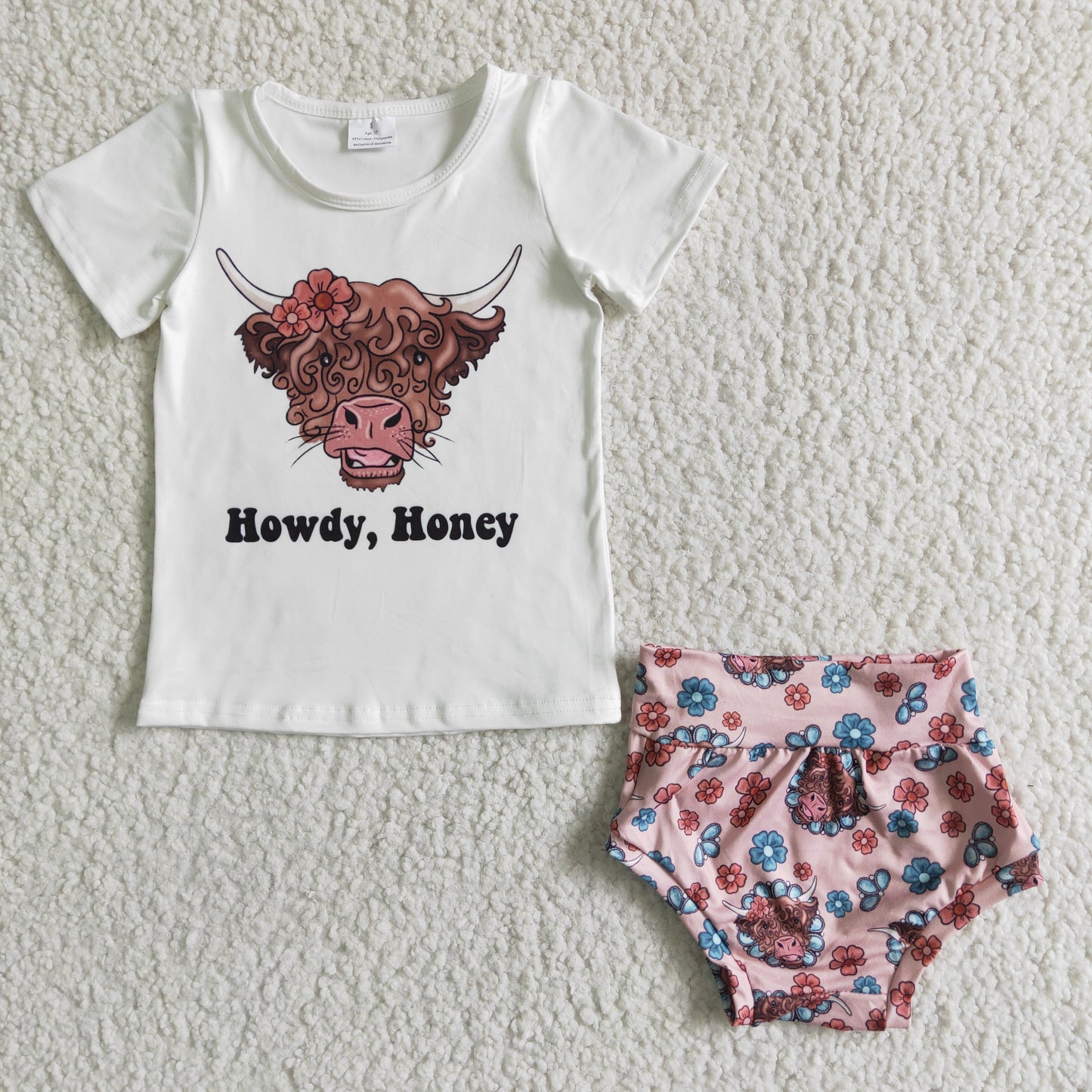 GBO0010 Howdy Honey Highland Cows With Bow 3pcs Girls Short Sleeve Bummies Outfits