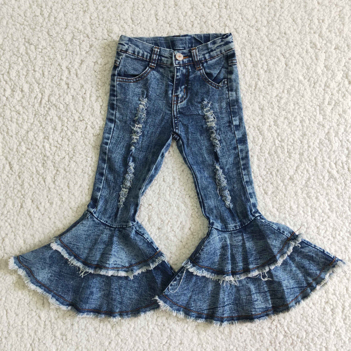 C1-13 Blue Distress Double Ruffles Girls Denim Jeans