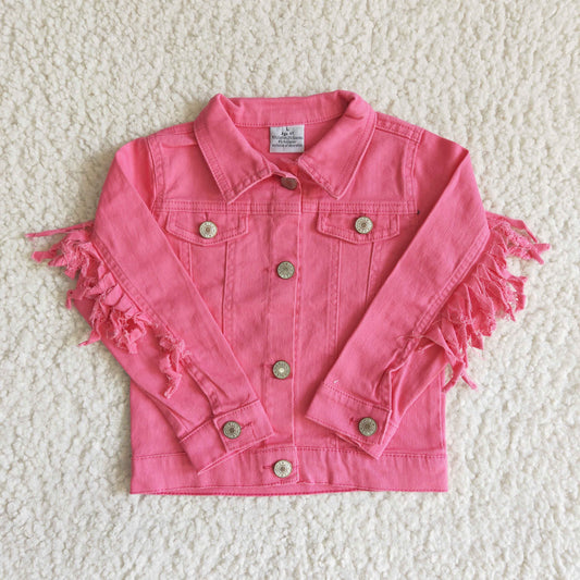 6 A32-30 Pink Long Sleeve Tassels Denim Jacket